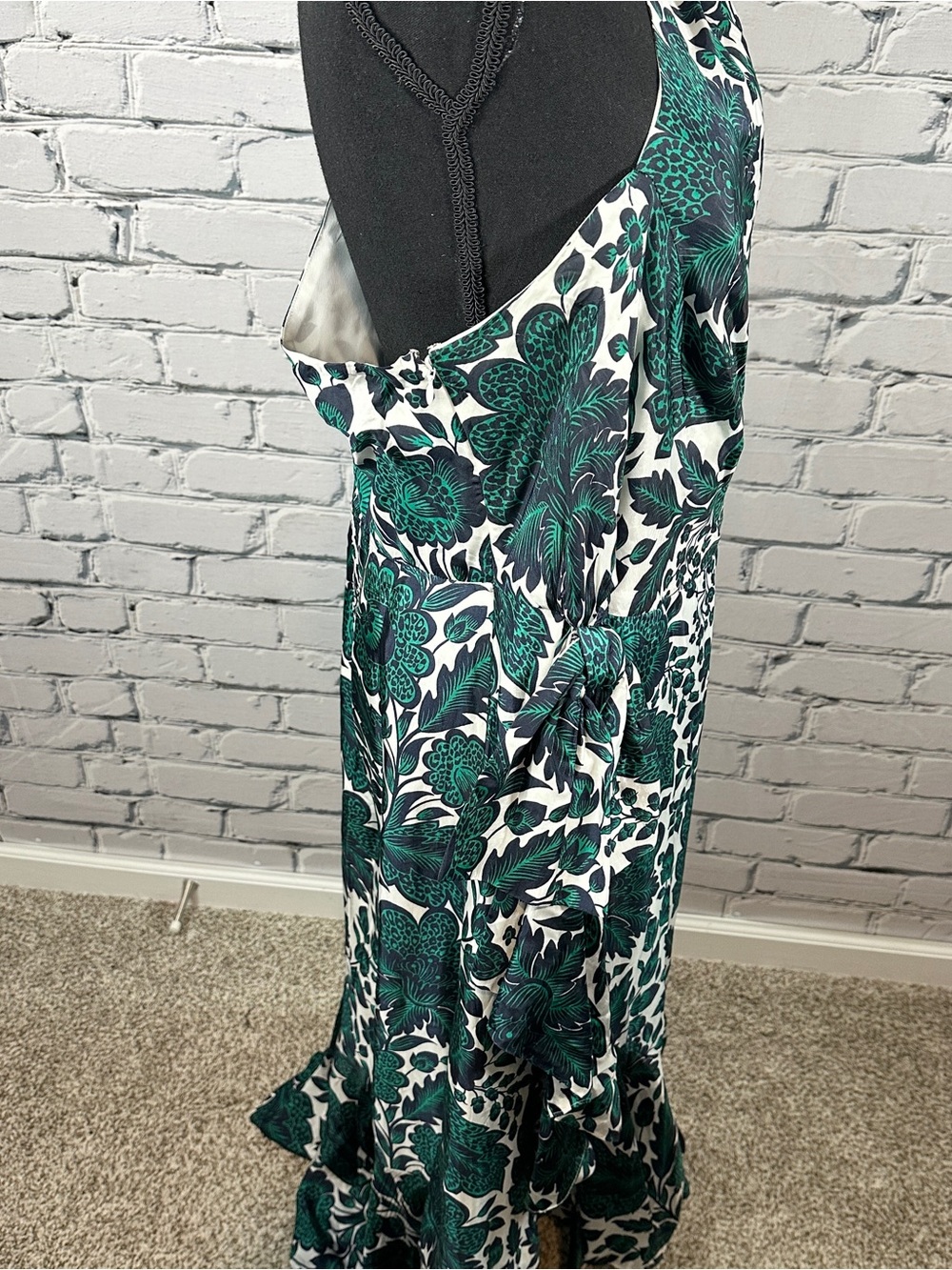 J. Crew Silky One Shoulder Ruffle Hem Dress Size 24 Emerald Navy Floral Formal - Picture 4 of 16